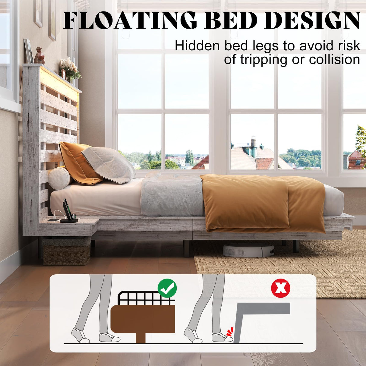 AMERLIFE Distressed White Floating Queen Bed Frame with Integrated Nightstands, LED Lights & Charging Station AMERLIFE