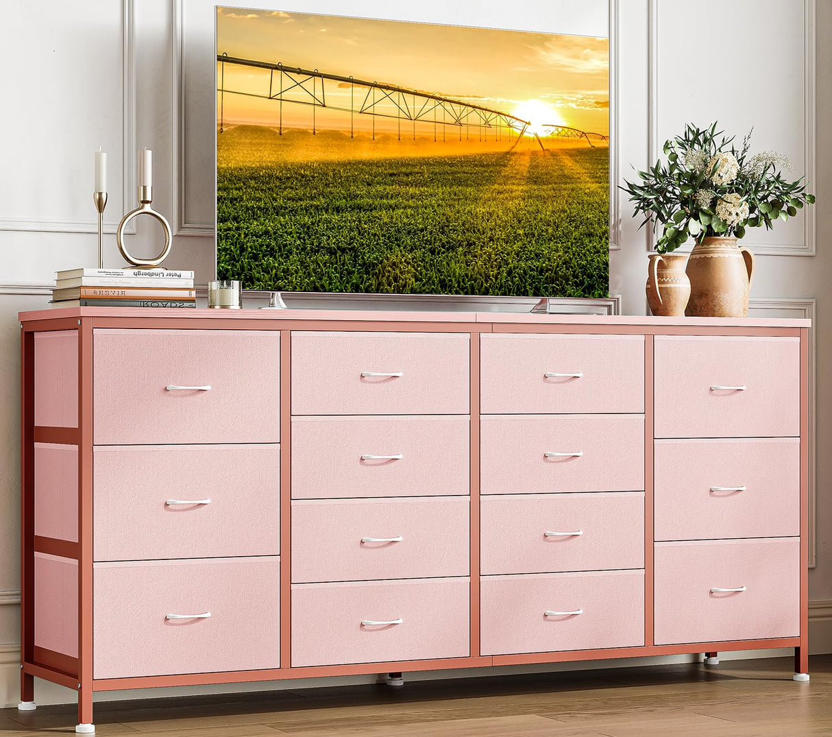 Patikuin 63" W Dresser Tv Stand for 65 70 75 Inch Tv, 14 Drawer for Bedroom with Power Outlets, Large Long Fabric Dresser Entertainment Center Patikuin