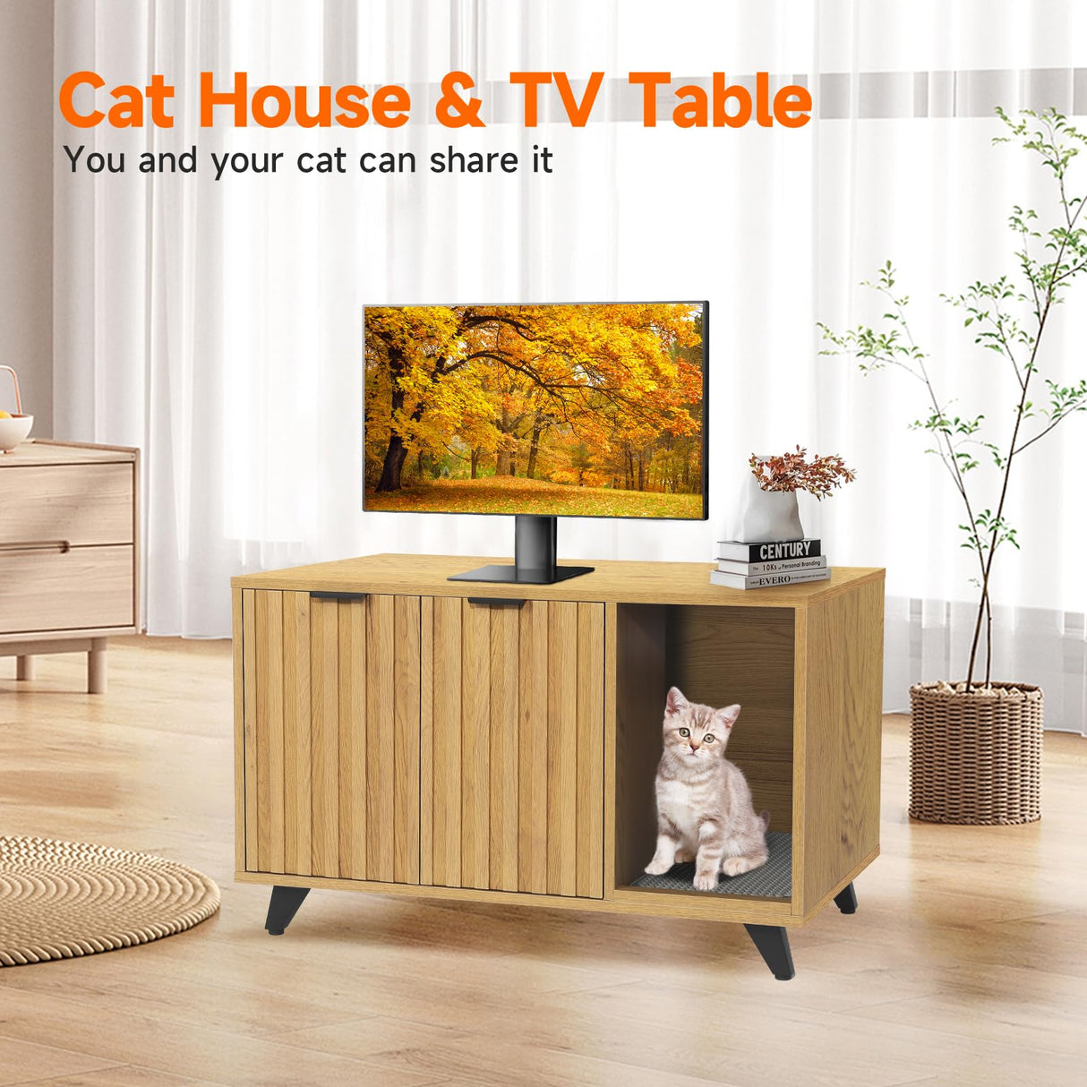 QuicMiou Cat Litter Box Enclosure, Modern Cat Litter Box Furniture Hidden, with Scratching Pad, 4 Metal Legs, Cat House, Natural Oak QuicMiou