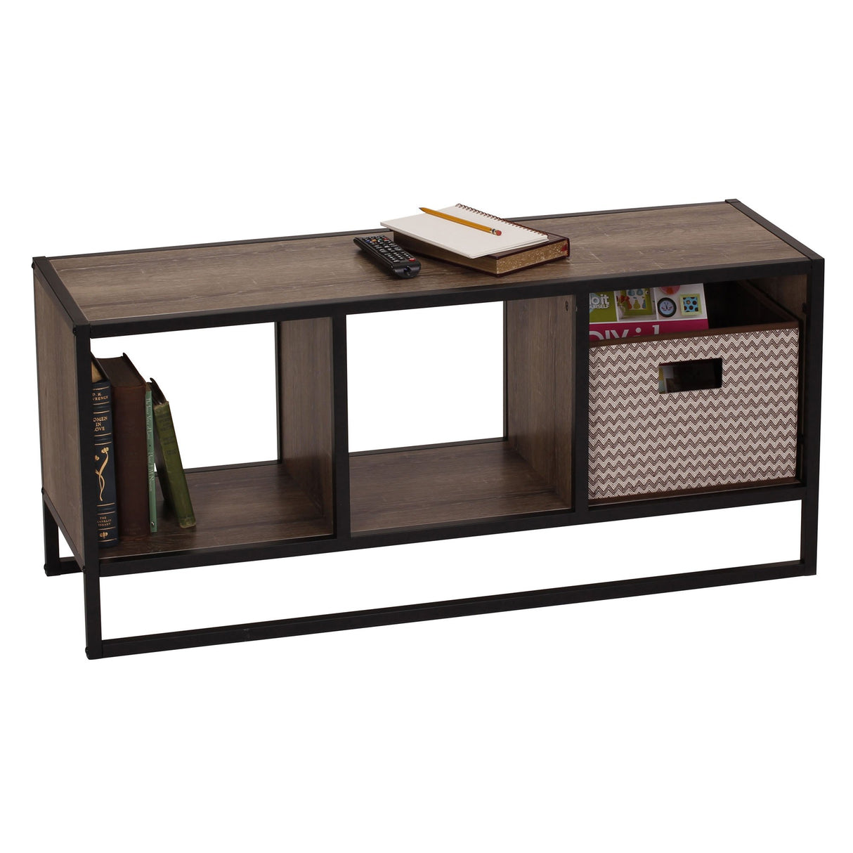 Household Essentials Jamestown TV Stand Coffee Table with Square Cube Storage Compartments Ashwood Rustic Wood Grain and Black Metal Household Essentials