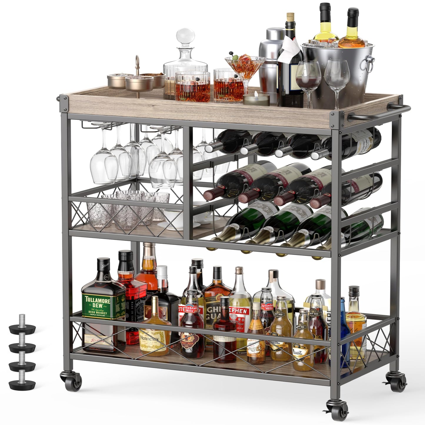 Gizoon 3 Tier 38" Home Bar Serving Cart with Large Storage Space, Mobile Kitchen Storage Trolley with Lockable Wheels, 12 Wine Rack, Glass Holder, Removable Tray (Gray) - WoodArtSupply