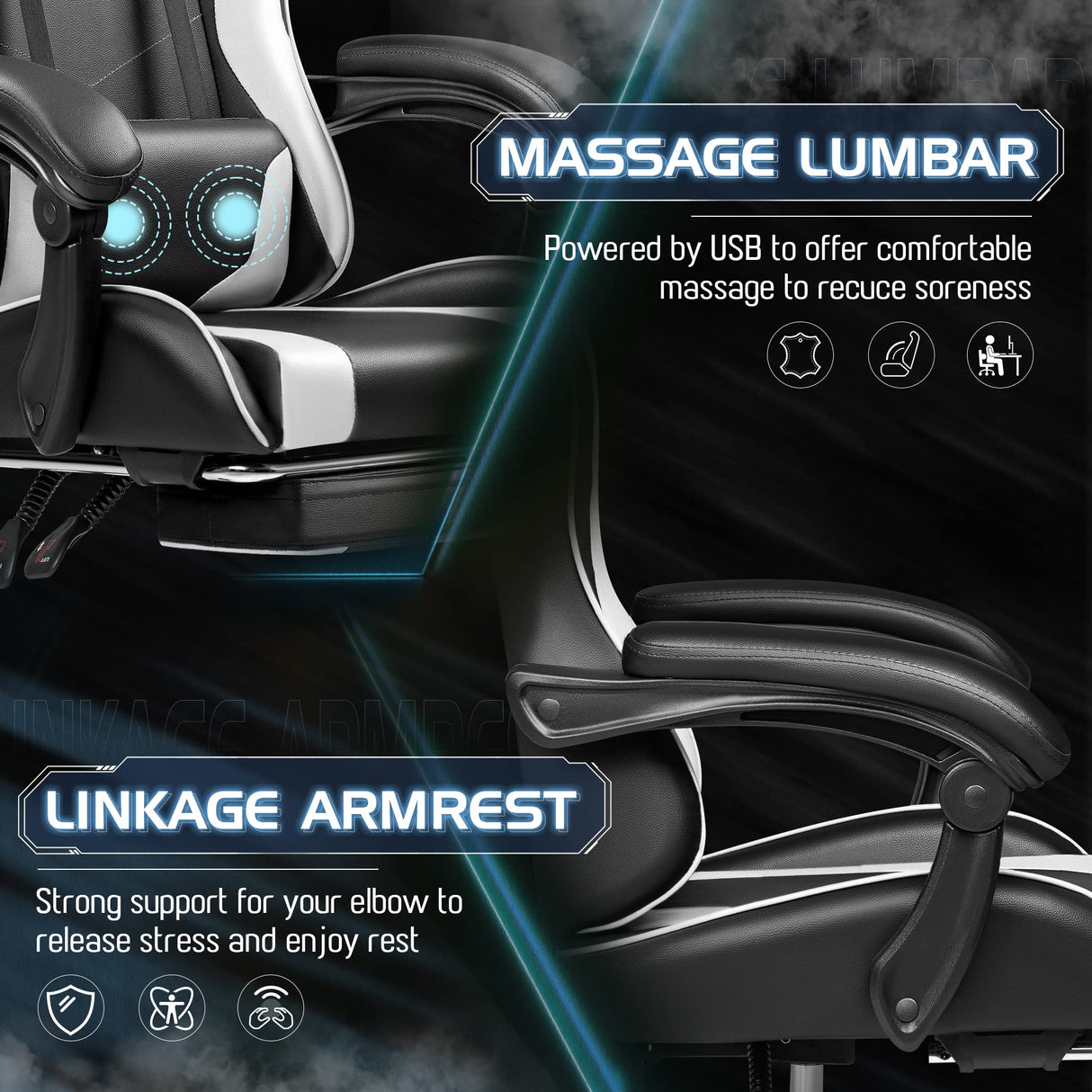 Homall Gaming Chair, Video Game Chair with Footrest and Massage Lumbar Support, Ergonomic Computer Chair Height Adjustable with Swivel Seat and Headrest (White) Homall