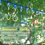 Ninja Warrior Obstacle Course for Kids, 2×56ft Slackline Kit with 8 Ninja Accessories - Monkey Bar, Rope Ladder, Gymnastic Ring, Arm Trainer and Monkey Fist Gentle Booms Sports