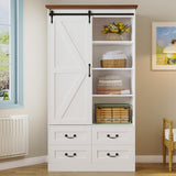 IRONCK Armoire Wardrobe Closet with 4 Drawers,71" Wardrobe Cabinet with Sliding Barn Doors, Tall Clothing Storage Cabinet with Hanging Rod and Shelves for Bedroom, White IRONCK