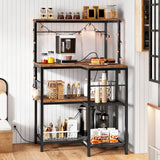HOOBRO Bakers Rack with Power Outlet, 4-Tier Corner Microwave Stand with Storage, Coffee Bar with 8 S-Shaped Hooks, Kitchen Shelf Rack, 2 Installation Methods, Rustic Brown and Black BF20UHB01 HOOBRO