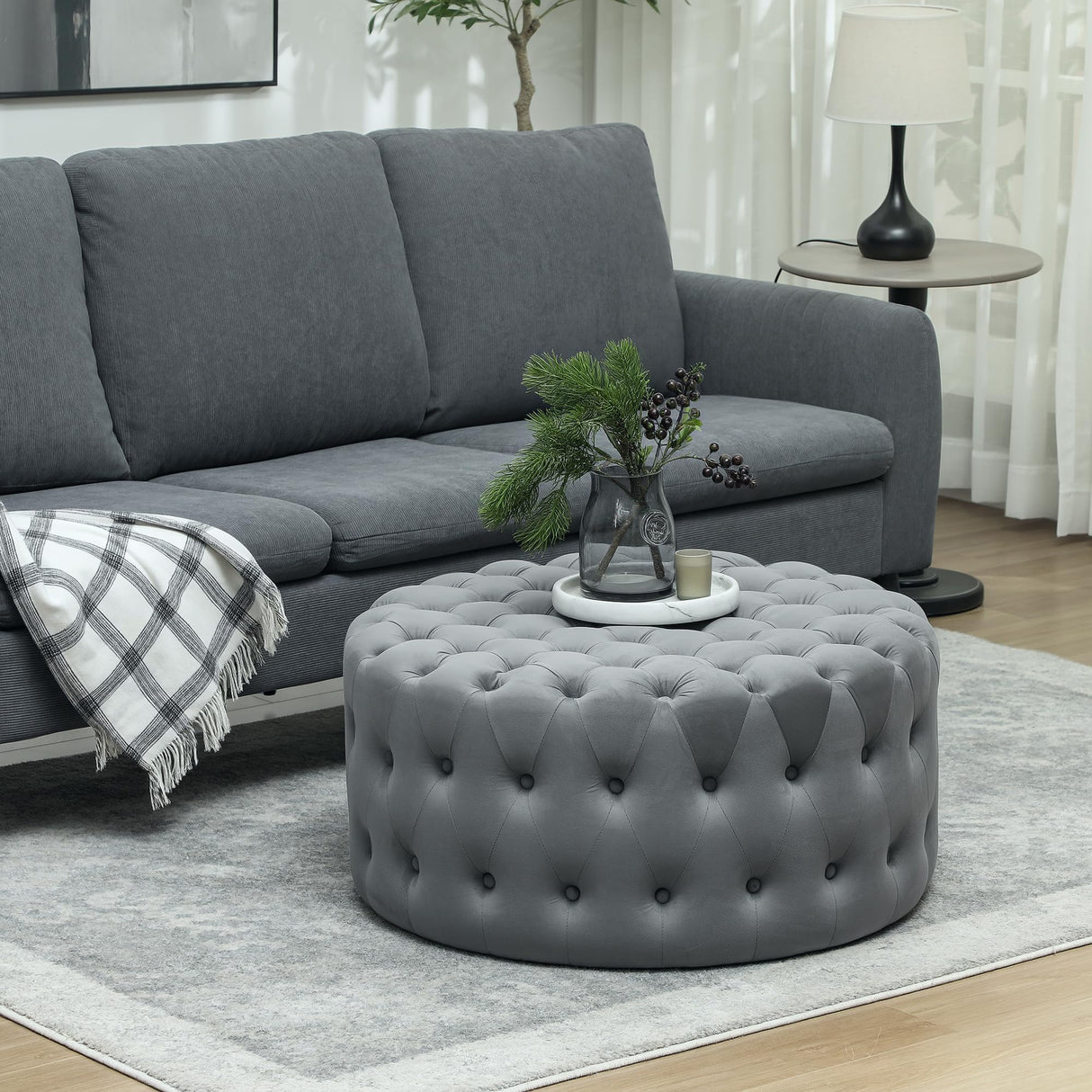 HOMCOM 31.5" Round Ottoman, Large Velvet-Feel Upholstered Foot Stool with Button Tufted Design and Padded Seat for Living Room, Entryway, Dark Gray HOMCOM