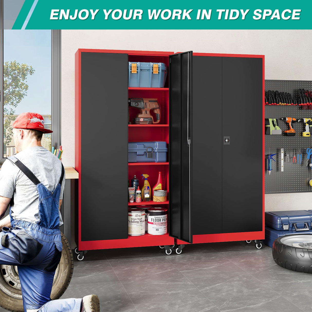 SISESOL Metal Storage Cabinet with Wheels,Rolling Garage Storage Cabinet with Lock,Red Metal Cabinet on Wheels,Tall Tool Storage Cabinet on Wheels for Garage,Home,Office,Shop SISESOL