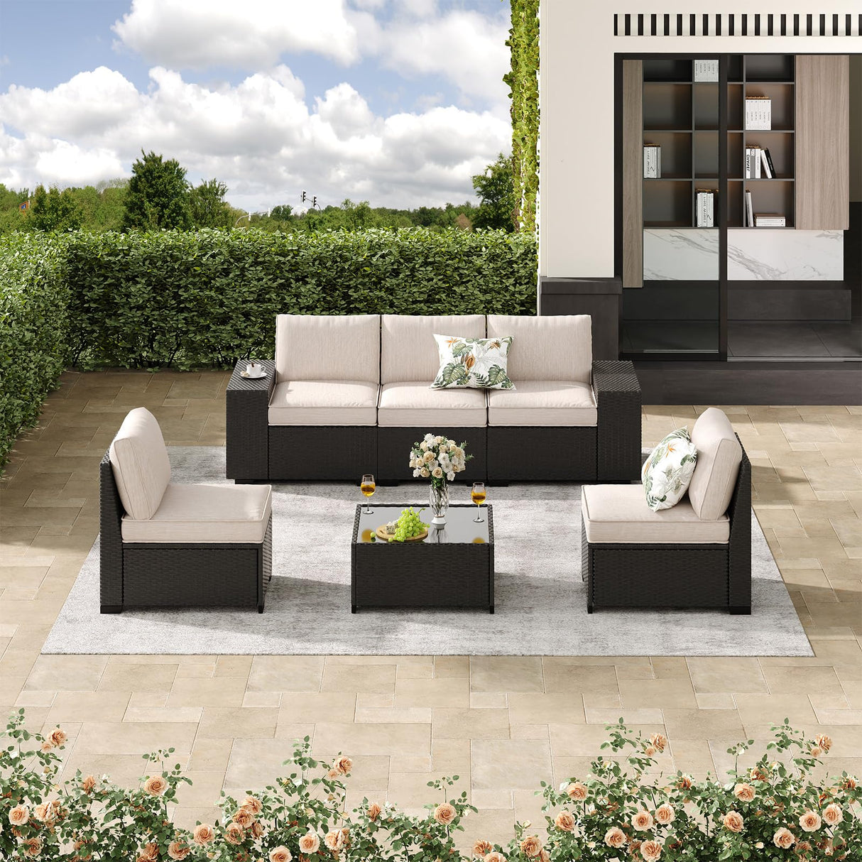 SunloungeCo 6 Pieces Outdoor Patio Furniture Set, Wicker Conversation Sets with Tea Table, Rattan Patio Sofa with Thick Cushions for Garden, Backyard Porch, Poolside,Beige SunloungeCo