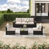 SunloungeCo 6 Pieces Outdoor Patio Furniture Set, Wicker Conversation Sets with Tea Table, Rattan Patio Sofa with Thick Cushions for Garden, Backyard Porch, Poolside,Beige SunloungeCo