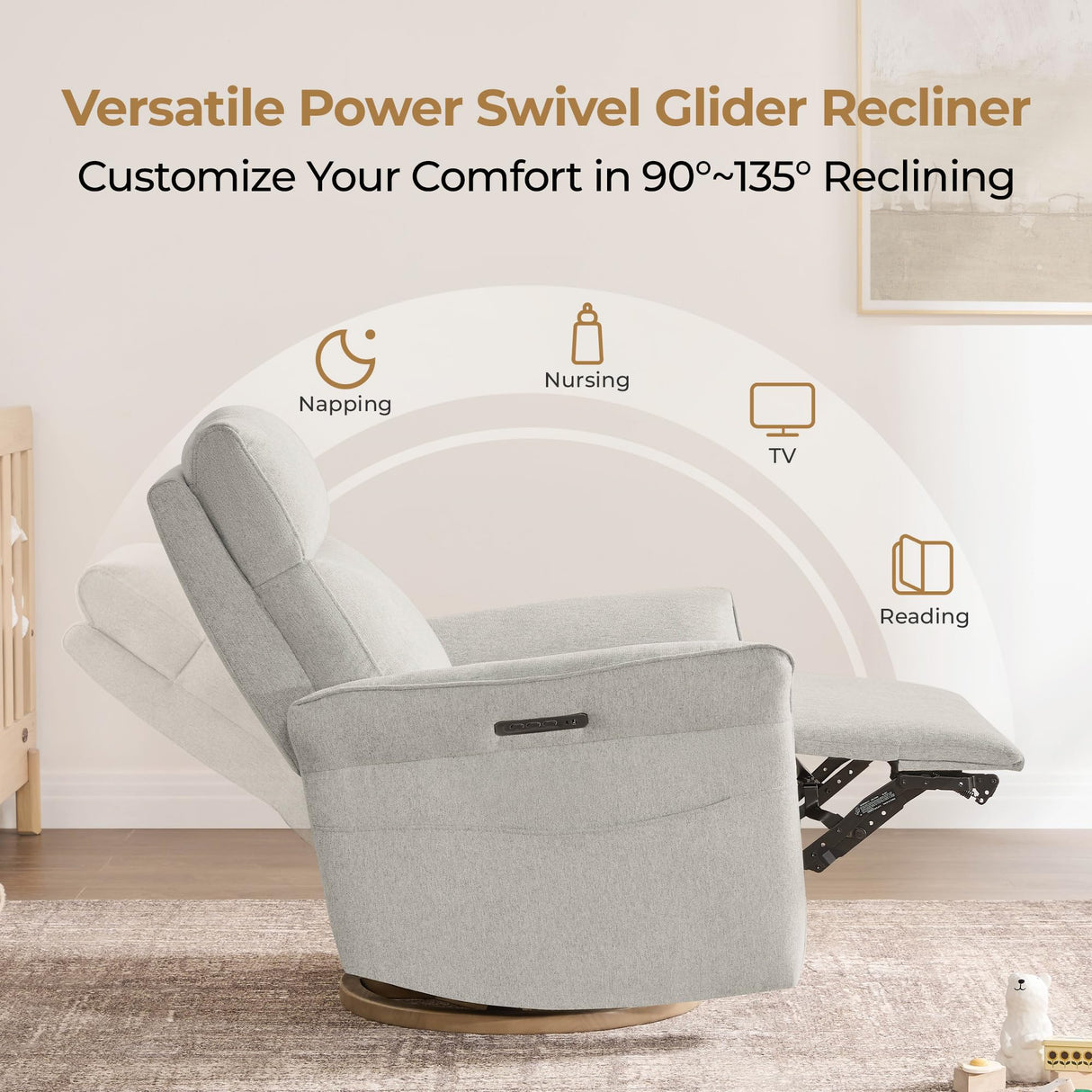 CHITA Power Recliner Chair, Electric Triple-Motor Swivel Glider Nursery Rocking Chair with Adjustable Power Headrest and Lumbar Support, Solid Wood Base, Crockery Grey CHITA