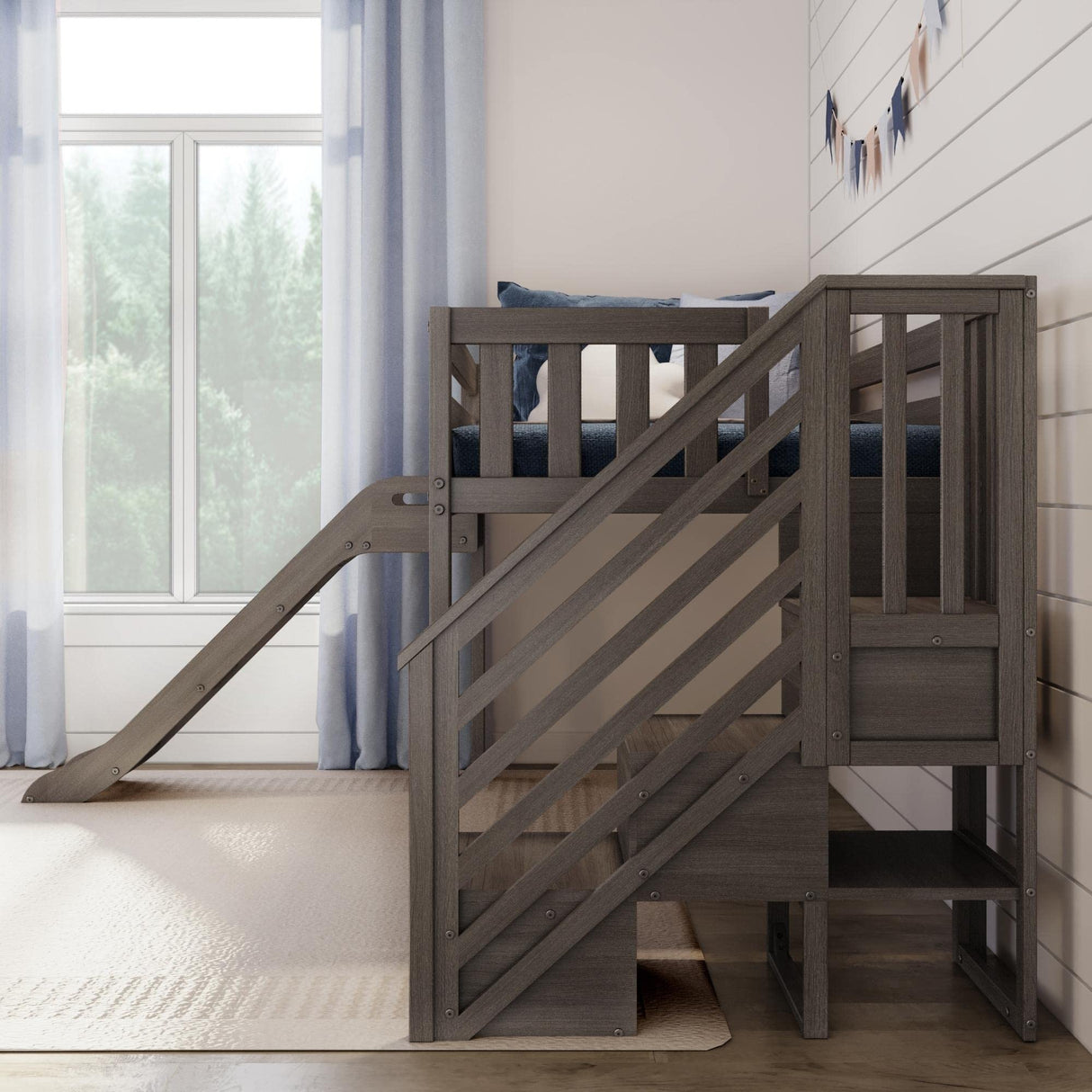 Max & Lily Twin Size Low Loft Bed with Slide and Stairs, Classic Solid Wood Kids Bedroom Furniture, 400 lbs Weight Capacity, 14" Safety Guardrail, Anti-Slip Steps, Clay Max & Lily