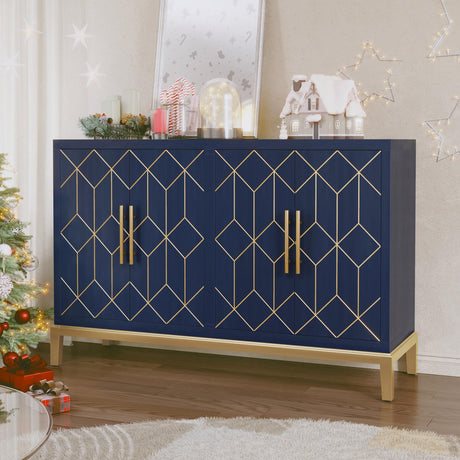 HLR 48" Accent Cabinet with 4 Doors and Shelves, Modern Credenza Storage Cabinet with Gold Trim, Sideboard Buffet for Living Room, Kitchen, Dining Room, Hallway, Blue HLR