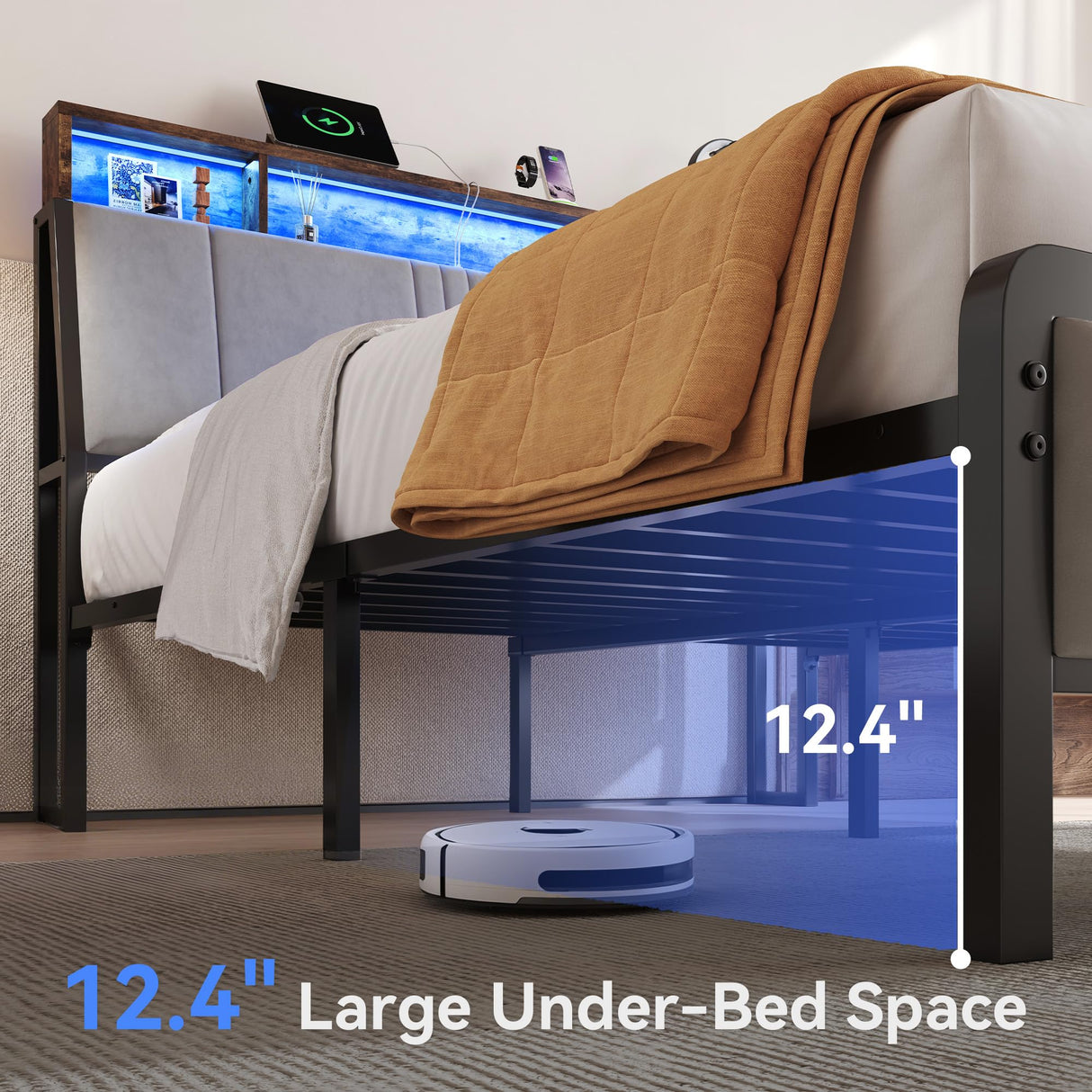 Queen Size Bed Frame with Ergonomic Storage Headboard, Solid Metal Platform Bed Frame with Charging Station and LED Light, Easy Assembly, No Box Spring Needed, Noise Free, Modern Grey Susalt