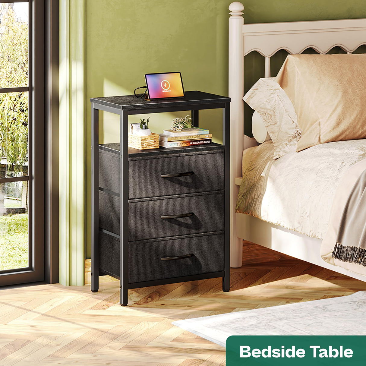 Huuger Nightstand with Charging Station, 27.6 Inch Side Table with Fabric Drawers, End Table Bedside Table with USB Ports and Outlets, Night Stand for Bedroom, Black Huuger