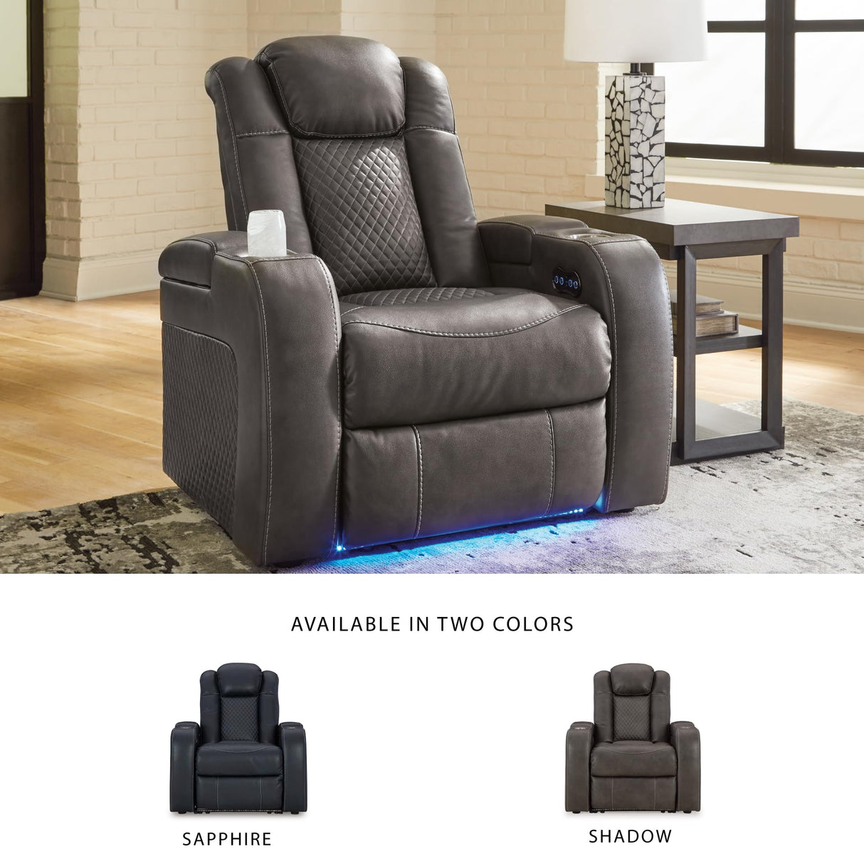 Signature Design by Ashley Fyne-Dyme Contemporary Power Recliner with Adjustable Headrest, Cup Holders and LED Lighting, Black & Gray Signature Design by Ashley