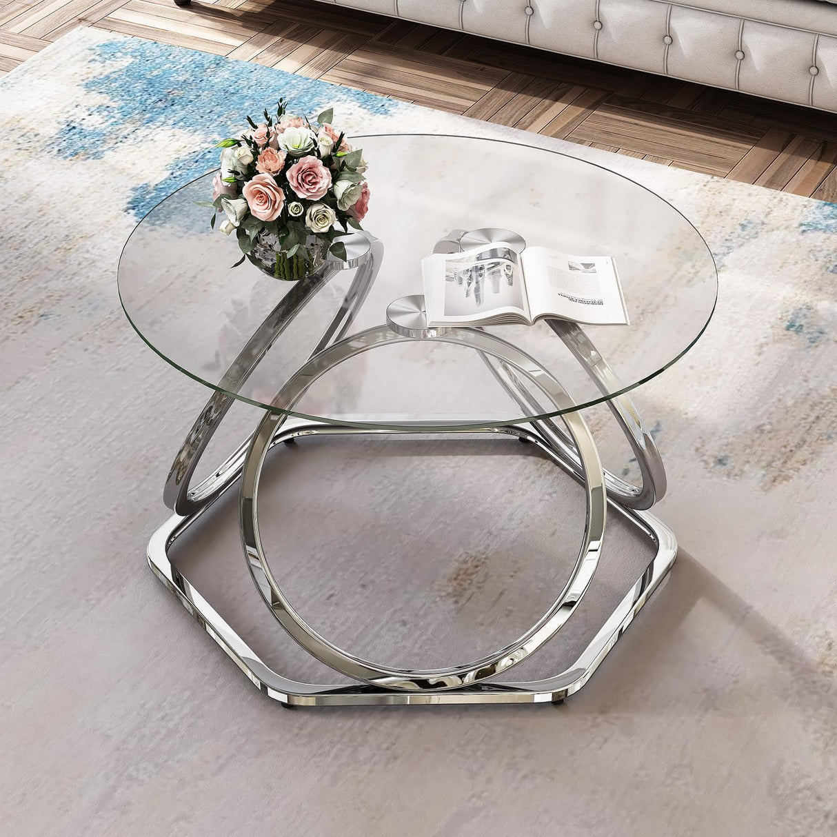 O&K FURNITURE Glass Coffee Table, Modern Silver Coffee Table Living Room Table with Hexagonal Base, Round Coffee Table for Home&Office, Chrome Finish, 1 PC O&K FURNITURE