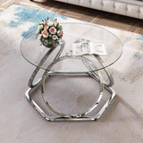 O&K FURNITURE Glass Coffee Table, Modern Silver Coffee Table Living Room Table with Hexagonal Base, Round Coffee Table for Home&Office, Chrome Finish, 1 PC O&K FURNITURE