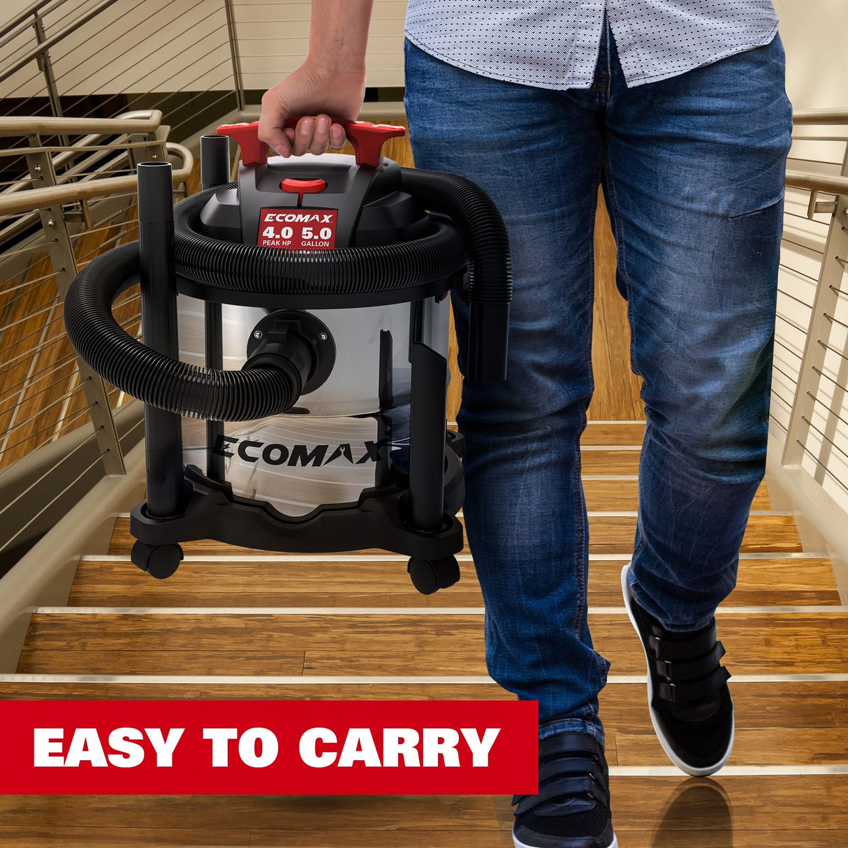 ECOMAX Wet Dry Vac 5 Gallon, 4 Peak HP, Portable Stainless Steel Shop Vacuum Wet/Dry with Powerful Suction-85 CFM, 3-in-1 Wet/Dry/Blow, Shop Vacuum for Home, Workshop, Jobsite, EM18115 ECOMAX