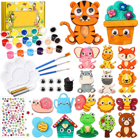 Relaxweex 18 Pcs DIY Wooden Magnets Painting Kit, Forest Animals Summer Arts and Crafts Supplies Wooden Painting Craft Activities Kit for Family Gifts Birthday Party Favors Christmas Easter Relaxweex