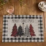 Artoid Mode Merry Christmas Trees Vinyl Placemats Set of 4, 12x18 Inch Black Buffalo Plaid Washable Heat Resistant Plastic Woven Table Mats for Party Dining Decor Artoid Mode