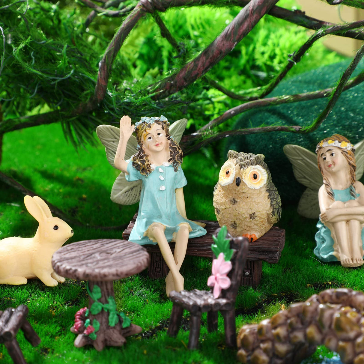 Roowest 19 Pcs Miniatures Garden Fairies Kit Garden Accessories Miniatures Bunny Squirrel Owl Animals Cute Tiny Mushroom Mini Pond Bridge Figurine for DIY Home Micro Landscape Terrarium Ornaments Roowest