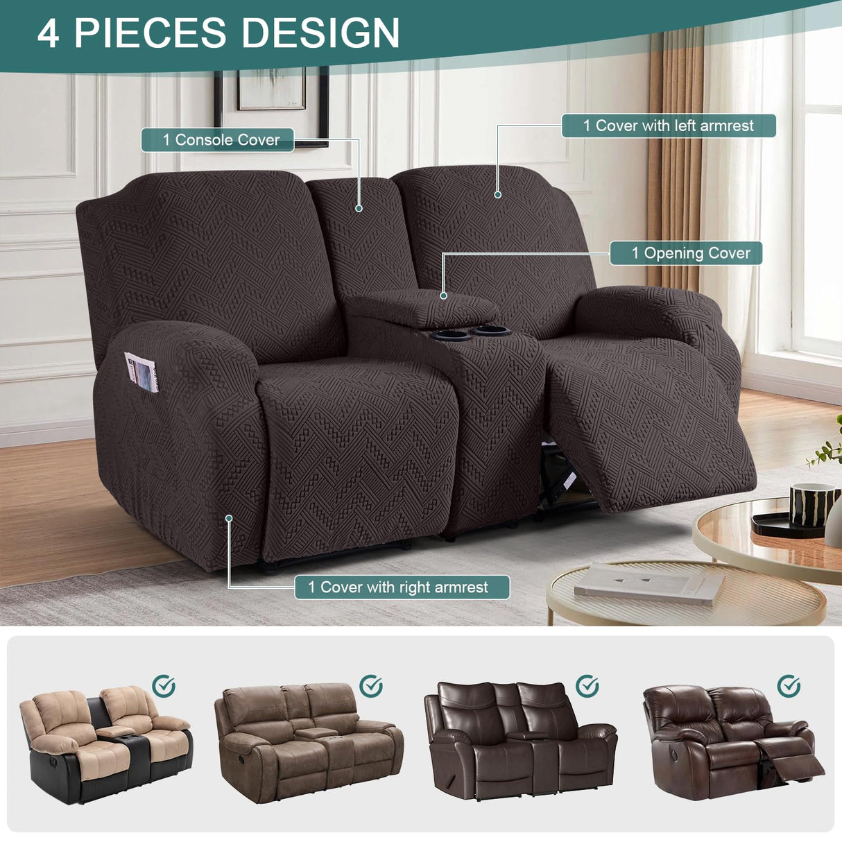 Ruaozz Stretch Loveseat Recliner Covers with Console 4-Pieces Recliner Sofa Covers with Pockets Jacquard Reclining Couch Covers Furniture Protector with Elastic Straps Bottom (2 Seater, Chocolate) Ruaozz