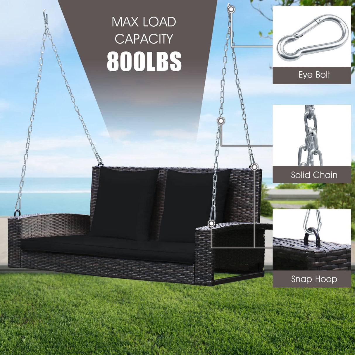 Tangkula 2-Person Wicker Hanging Porch Swing, Patiojoy Outdoor Rattan Swing Bench W/ 2 Back Cushions & 1 Seat Cushion, Sturdy Steel Chain, 800lbs Weight Capacity, Suitable for Deck, Backyard, Garden Tangkula