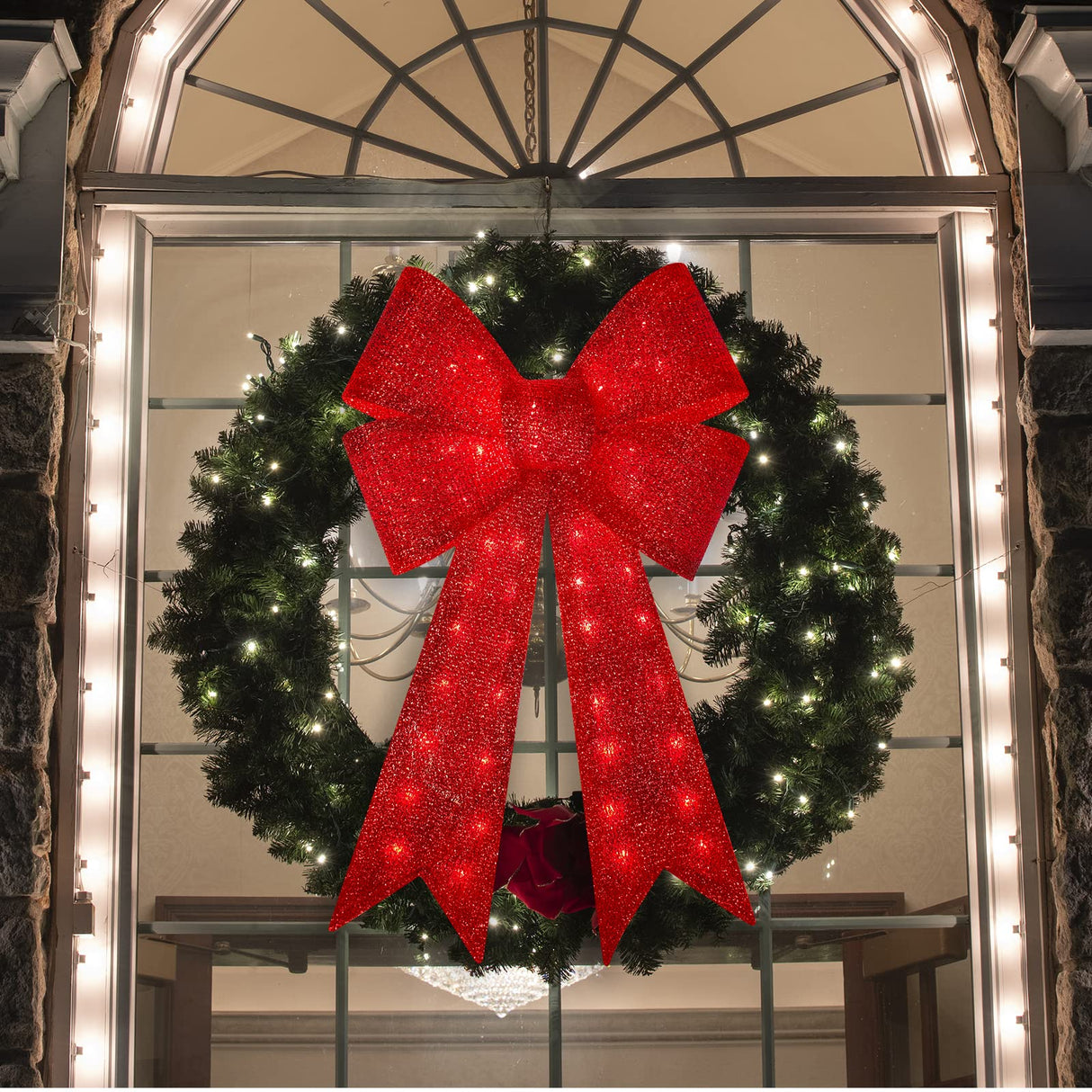 GLOWNOVA 48'' 126LEDChristmas Wreath Bow, Thanksgiving Wreath Bow,Christmas Tree Topper Decorative Bows, Christmas Glitter Red Bow for Front Door Wreath Home Indoor Outdoor Decorations GLOWNOVA