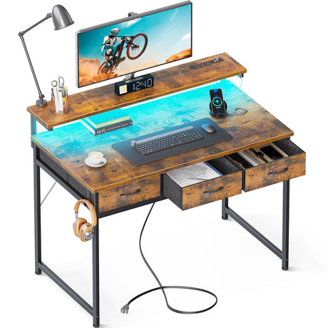 ODK 40 Inch Small Computer Desk with 3 Drawers and USB Power Outlets, Home Office Desks with LED Lights and Adjustable Monitor Stand, Work from Home,Modern Work/Writing/Study Table for Bedroom,Vintage ODK