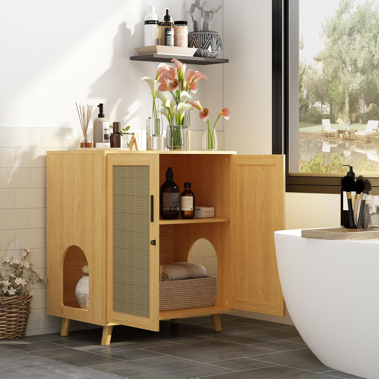 DAWNSPACES Large Cat litter Box Enclosure, 2 In 1 Hidden Cat Washroom Furniture with Sisal Covered Doors, 2 Layers Wooden Cat Cabinet with Adjustable Shelf, Side Table TV Stand for Living Room,Natural DAWNSPACES