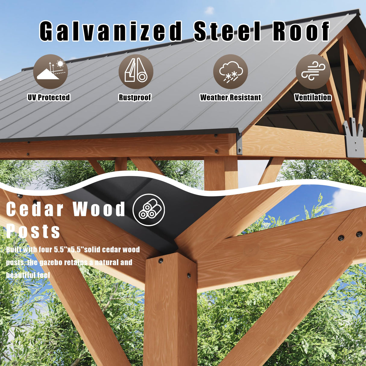 Gardenbee Wood Gazebo 13 x 11 ft. Wood Patio Gazebo Cedar Framed Gazebo with Steel Frame Gable Roof Hardtop Gazebo for Patio, Garden, Lawns, Parties Gardenbee