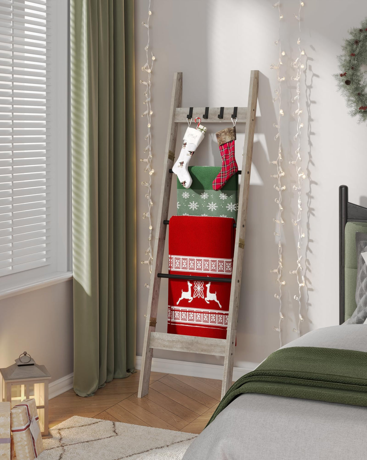 Hzuaneri Blanket Ladder Shelf for Living Room, Decorative Quilt Rack with 4 Removable Hooks, 5-Tier Farmhouse Ladder Holder Organizer for Bedroom, Greige and Black BR02105B Hzuaneri