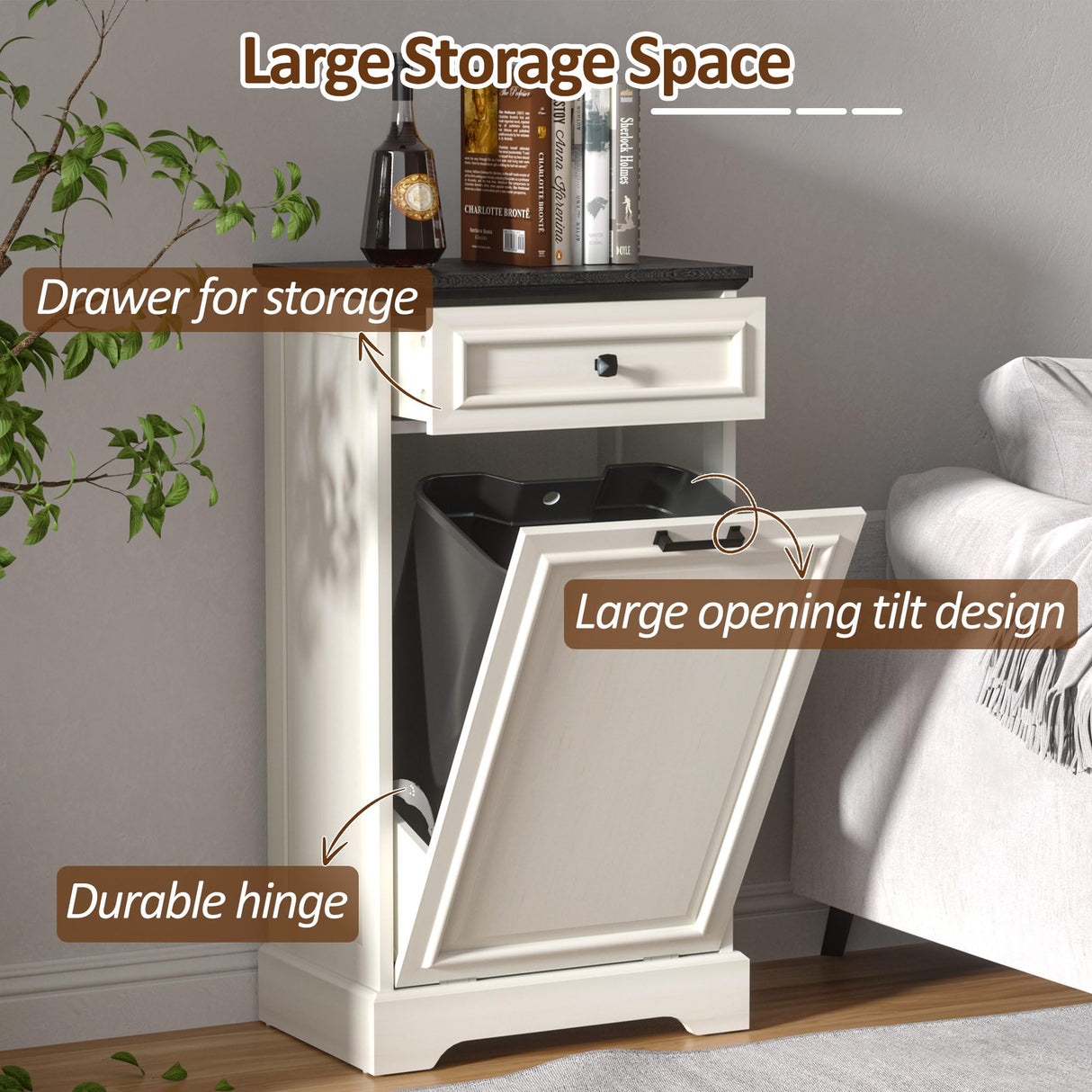 AHB 13 Gallon Tilt Out Trash Cabinet Kitchen Waste Bins, Laundry Hamper Tilt Out Pet Proof Hidden Trash Bin for Kitchen Living Room, Antique White and Black AHB