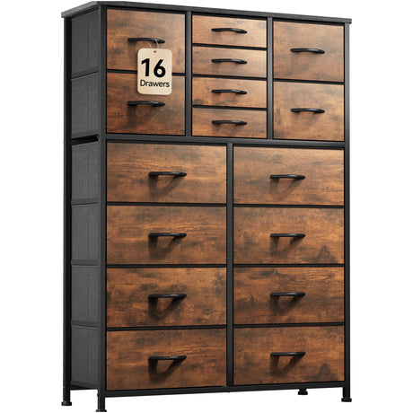 YITAHOME 16 Drawer Dresser, Fabric Dresser for Bedroom, Large Chest of Drawers, Tall Dresser for Bedroom Closet Living Room Entryway with Sturdy Metal Frame and Wooden Top (Rustic Brown) YITAHOME