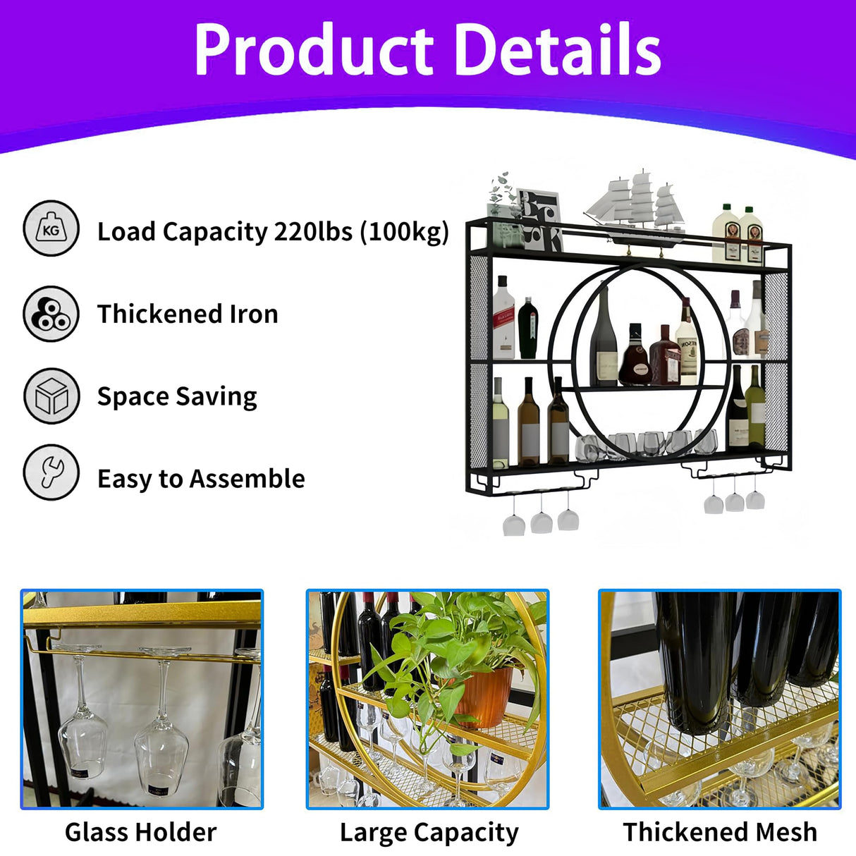 HFTUW 47 Inch Metal Wall Mounted Wine Rack, 3-Tier Bar Shelf with Glass Holder, Modern Large Capacity Liquor Bottle Display Shelf for Home Bar, Dining Room & Kitchen, Black HFTUW