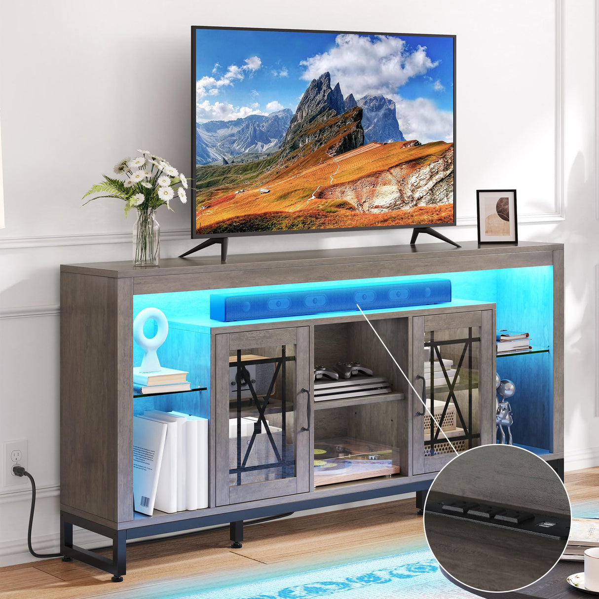 YITAHOME 33.5'' Tall TV Stand for 75 inch TV, LED Entertainment Center with Storage, Grey TV Stands for Living Room with Acrylic Doors & Power Outlets, Tall TV Console Cabinet, Grey YITAHOME