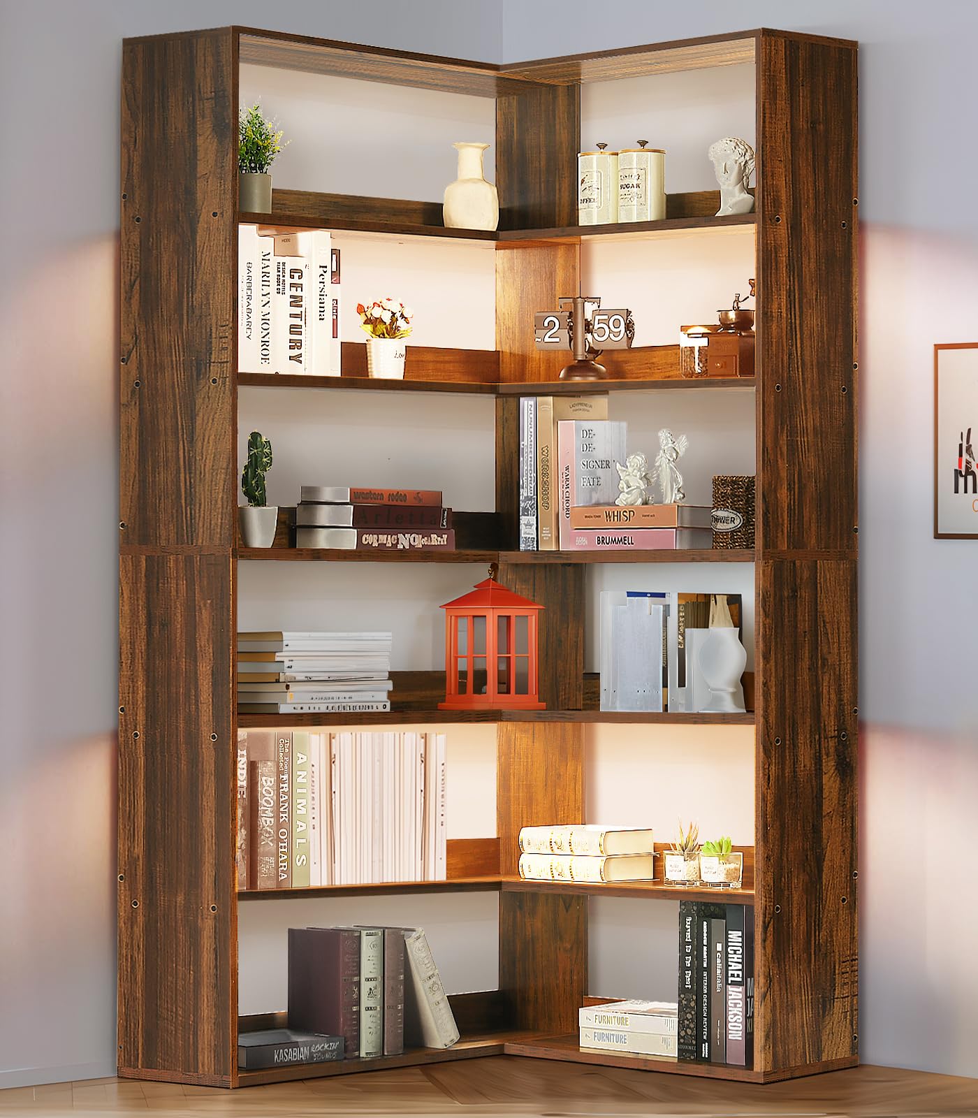 4 EVER WINNER 6 Tier Corner Bookshelf with LED, 71” Tall Industrial Etagere Bookcase with Display Shelves for Home Office, L Shaped Bookshelf with Storage Corner Shelf for Living Room, Rustic Brown