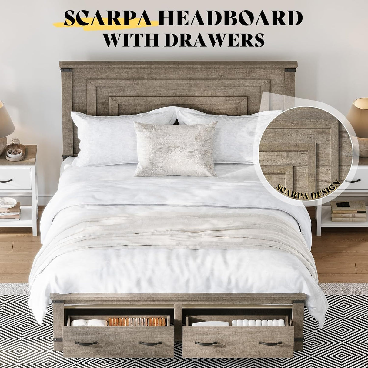 AMERLIFE Farmhouse Queen Bed Frame with 54" Tall Geometric Headboard & Footboard, Rustic Wood Platform Bed Frame with Large Storage Drawers, Wood Slats Support, No Box Spring Needed, Rustic Gray AMERLIFE