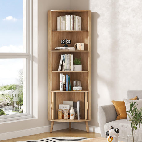 Limaoaio 5-Tier Corner Shelf, 66.73''Tall Modern Corner Bookshelf, 5 Shelf Bookcase with 2 Fluted Doors, Freestanding Wood Corner Display Storage Shelf Organizer for Living Room, Office (Wood Color) Limaoaio