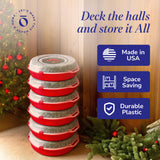 HOMZ 6-Pack Seasonal Holiday, Decorative Wreath Storage Organizer, 24 Inch, Red & Clear - Stackable Plastic Containers for Christmas Ornament Decorations HOMZ