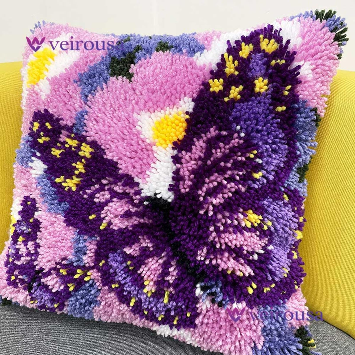 veirousa Butterfly Floral Latch Hook Kits for Adults Beginners DIY Crochet Pillow Kit Pre-Printed Pillowcase Hook and Latch Rug Kits Needlework Cushion Cover for Home Sofa Decoration 17x17 in. veirousa
