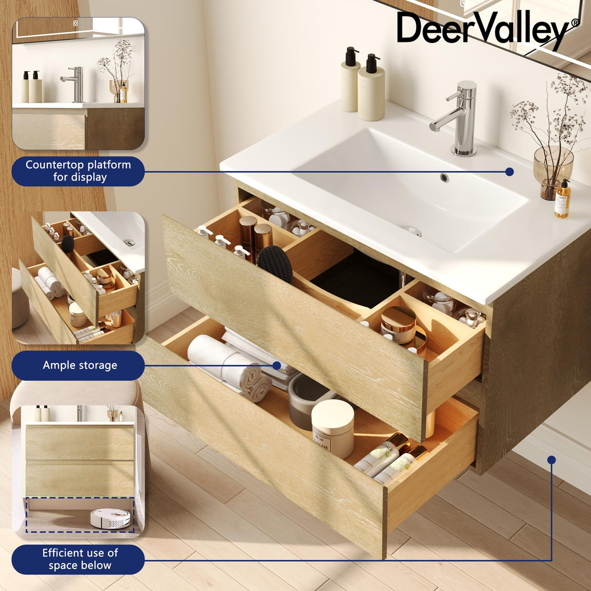 Deer Valley DV-1BV0152NW 30'' Wall Mounted Bathroom Vanity with Ceramic Sink Top, Pre-Assembled Modern Floating Wood Bathroom Cabinet Sink Combo with 2 Drawers Deer Valley