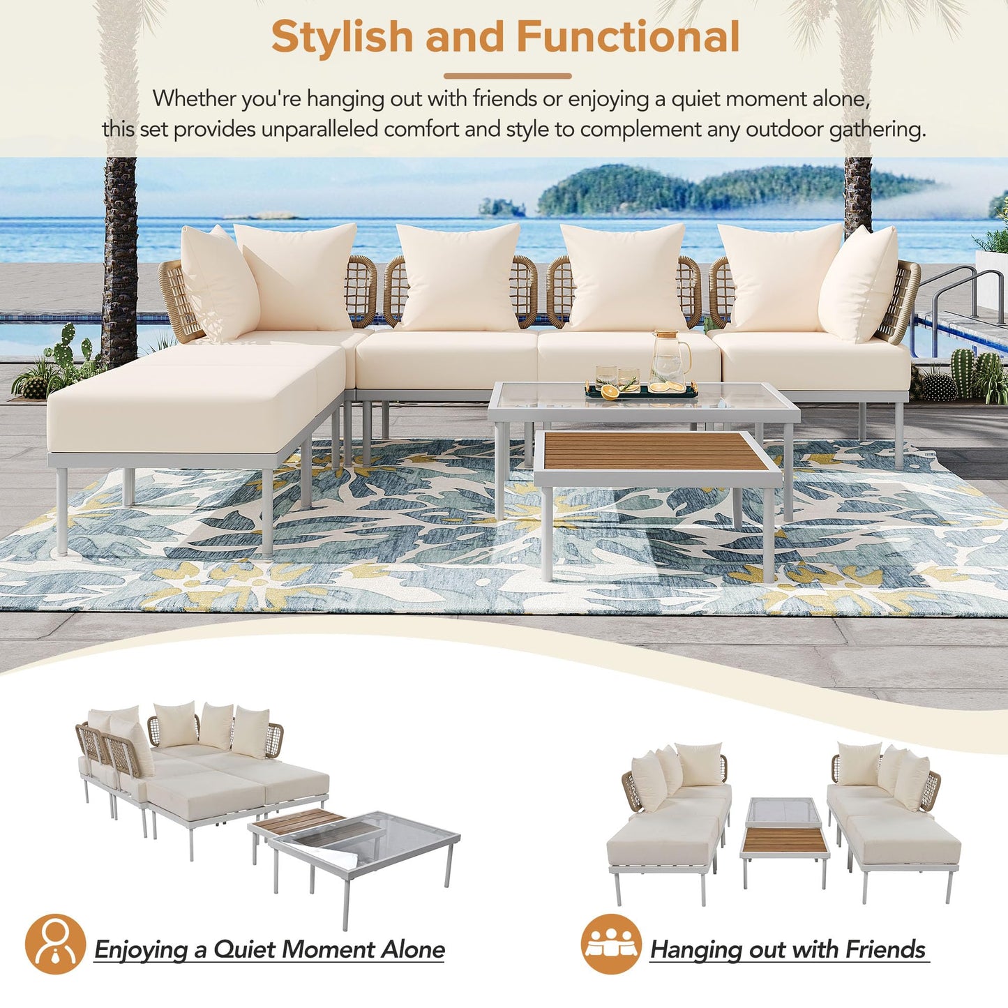 Yehha Outdoor Rattan Furniture, 8-Piece Patio Sectional Sofa Tempered Glass Coffee Table & Removable Cushion, All-Weather Conversation Set for Garden, Pool, Poolside, Beige - WoodArtSupply