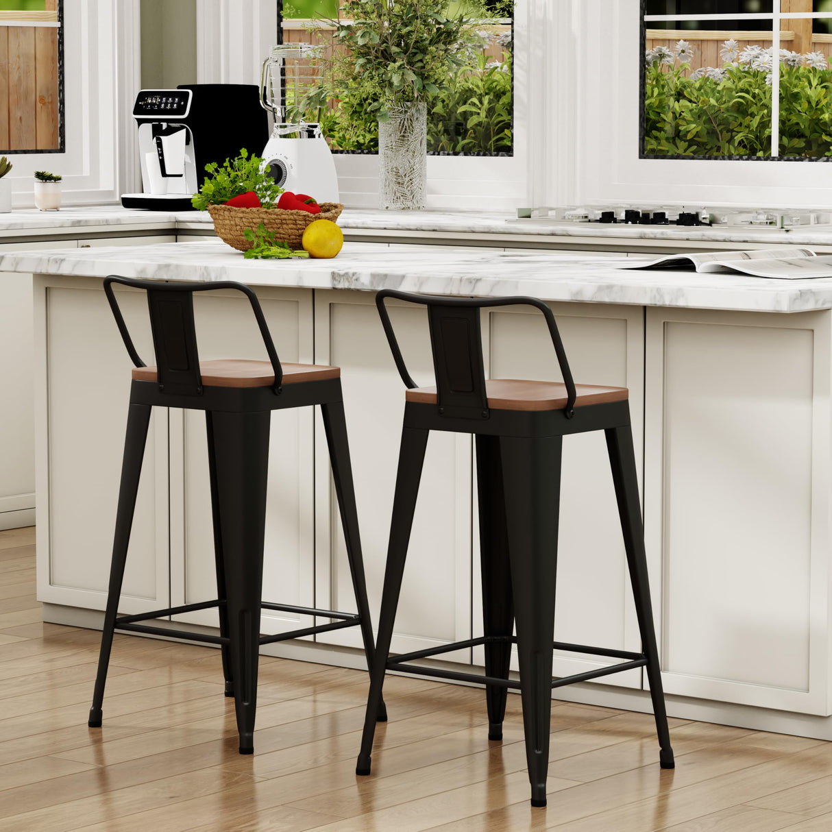WENTMENT Metal Bar Stools Set of 2 Counter Height Barstools with Removable Back 24" Kitchen Bar Stools with Wooden Seat, Black WENTMENT