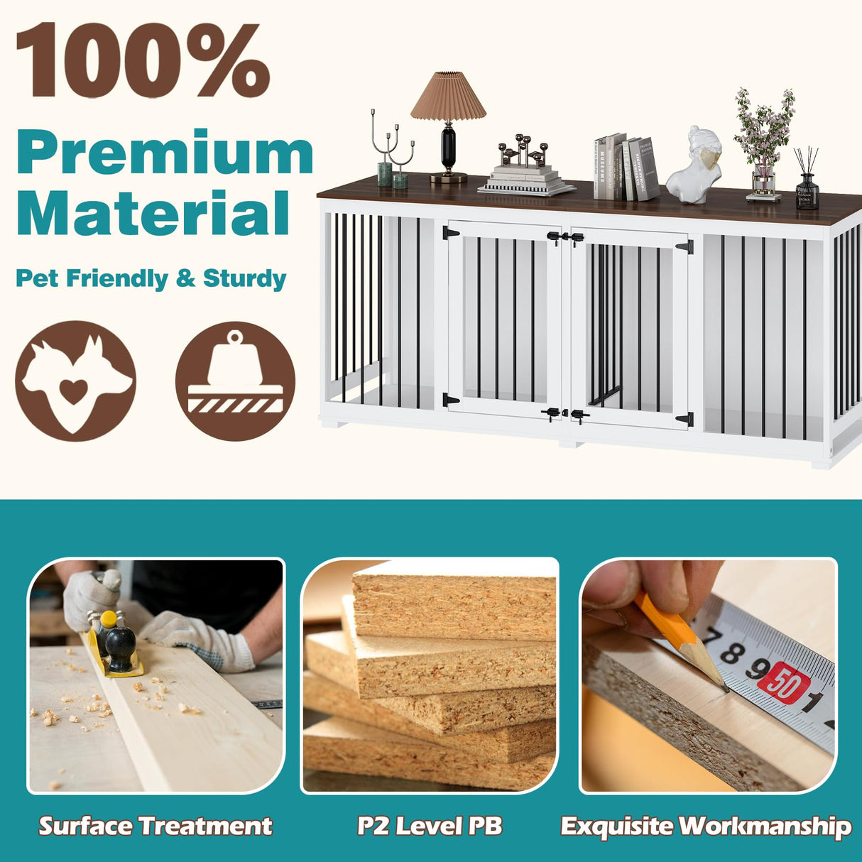 PIAOMTIEE 70.9" Large Double Dog Crate Furniture, Wooden Dog Crate Kennel Furniture with Divider & 2 Trays, Dog Crates Furniture for Large or 2 Medium Dogs Indoor, White PIAOMTIEE