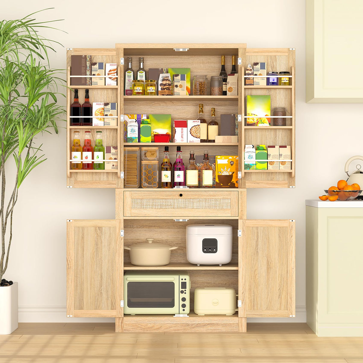 Bigbiglife Kitchen Pantry Cabinet with Rattan Doors, 70'' Tall Pantry Cabinet, Freestanding Cupboard, Adjustable Shelves, for Kitchen Dining Room (Natural Oak) Bigbiglife