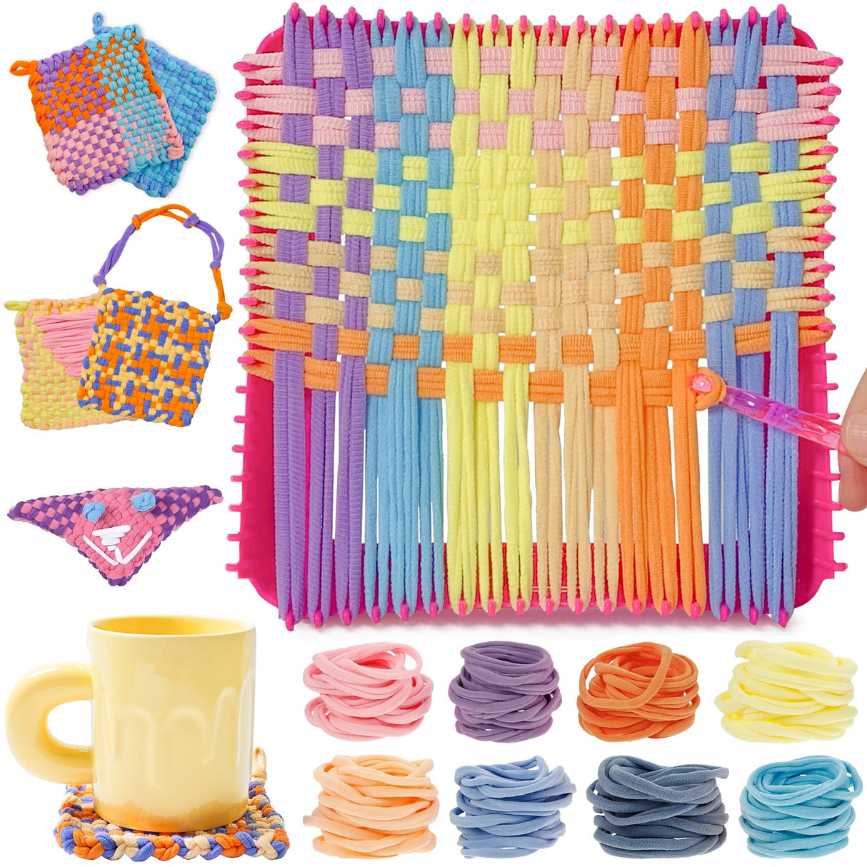 ZJEFUNS Weaving Loom Kit Toys for Kids and Adults DIY Arts and Crafts for Girls Ages 5 6 7 8 9 10 12, Pot Holder Loom Knitting Kits Includes 8 Color Craft Loops for Beginners ZJEFUNS