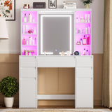 COWMOU Tall Vanity Desk with LED Mirror and RGB Lights Shelves, White Makeup Vanity with Power Outlet, Vanity Table with 5 Sliding Drawers & 2 Cabinets for for Bedroom and Dressing Room COWMOU