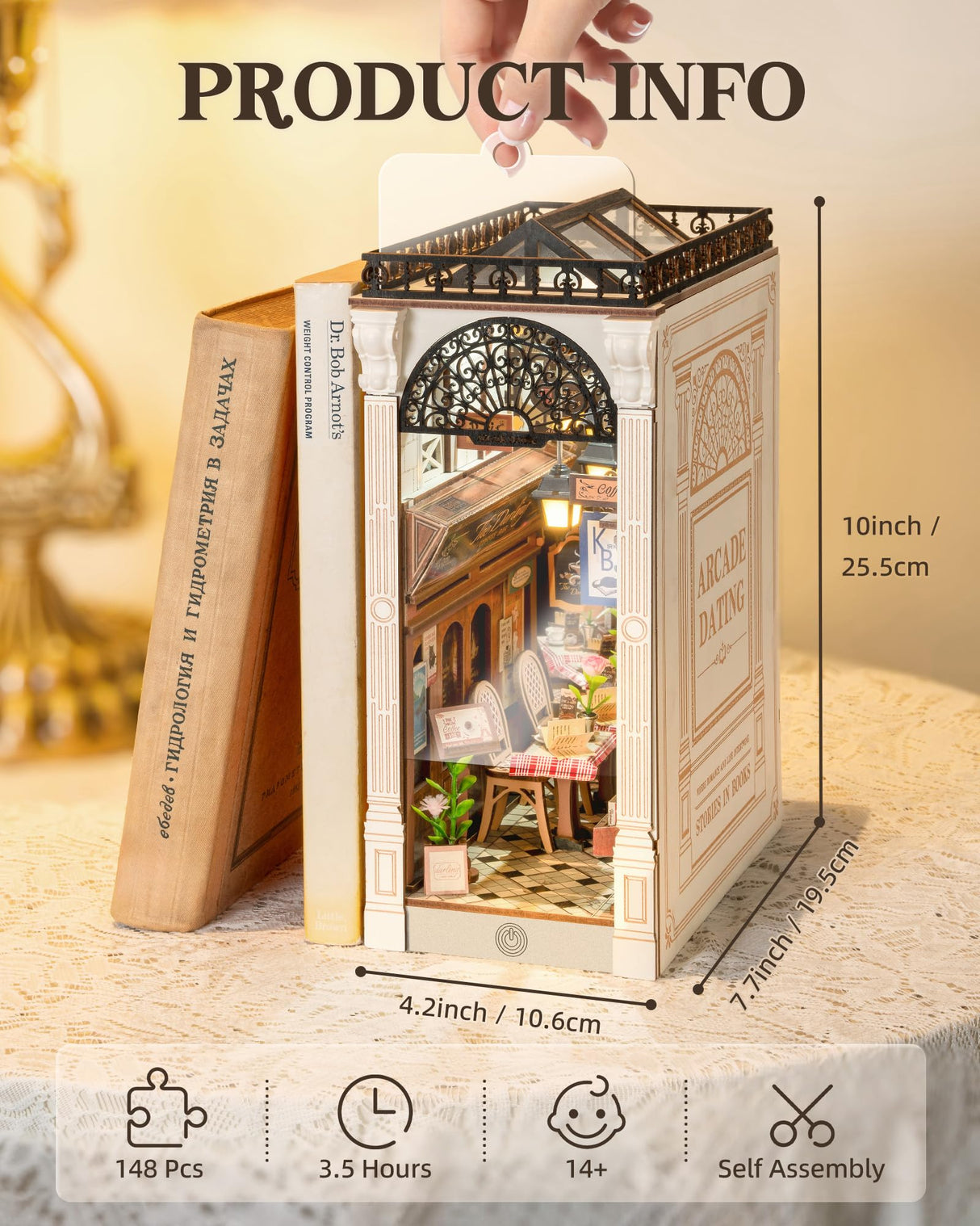 ROBOTIME DIY Book Nook Kits Dollhouse Room Bookstore Miniature House with LED Light 3D Wooden Puzzles for Adults Booknook Bookshelf Insert Decor Diorama Kit Unique Gifts（Arcade Dating） ROBOTIME