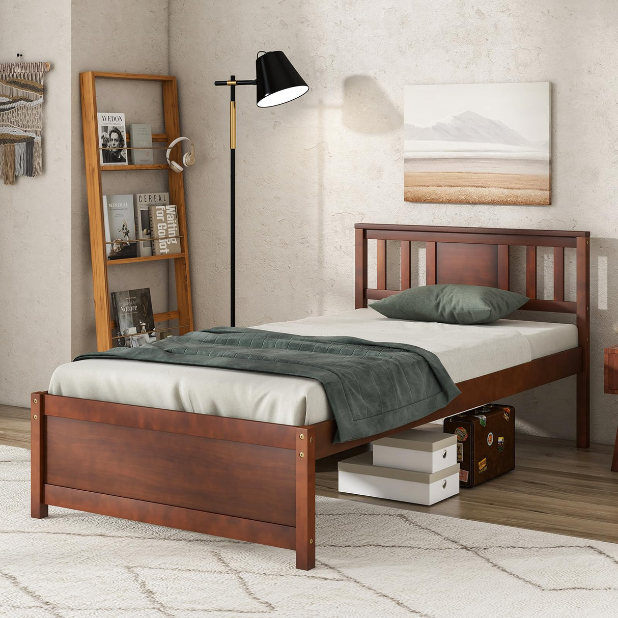 Giantex Mid Century Twin Bed Frame with Headboard in Walnut - Solid Wood Platform with Slat Support Giantex